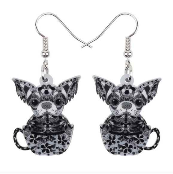 2/$15 3/$20 ACRYLIC CHIHUAHUA IN A TEACUP EARRINGS WITH STERLING EAR WIRES - Picture 1 of 1